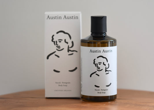 Austin Austin Organic neroli and petitgrain body soap with body outline artwork by Christian Newby on the bottle.
