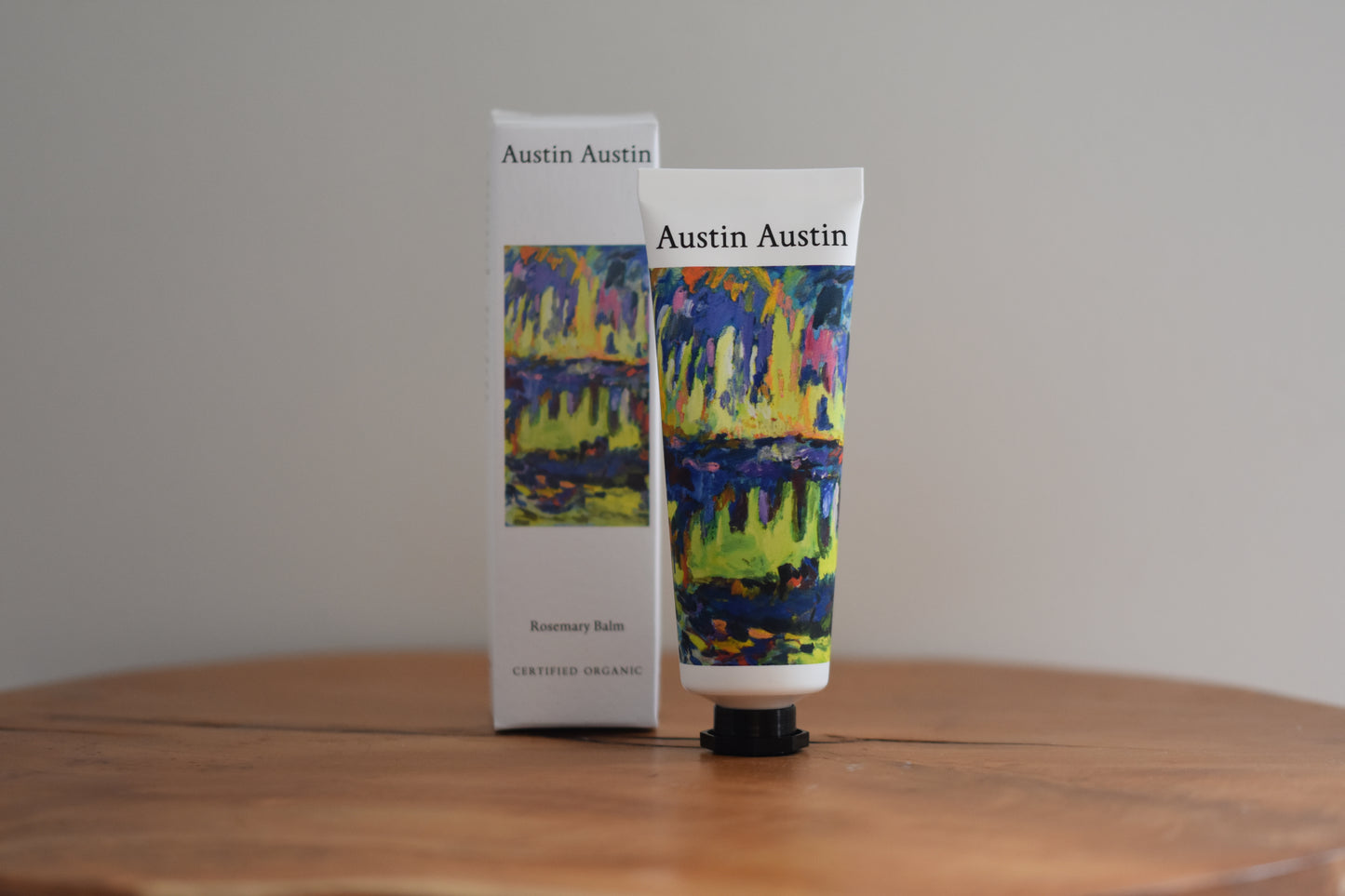 Austin Austin Organic Rosemary Balm with colourful print by New York artist Adrianne Rubenstein.