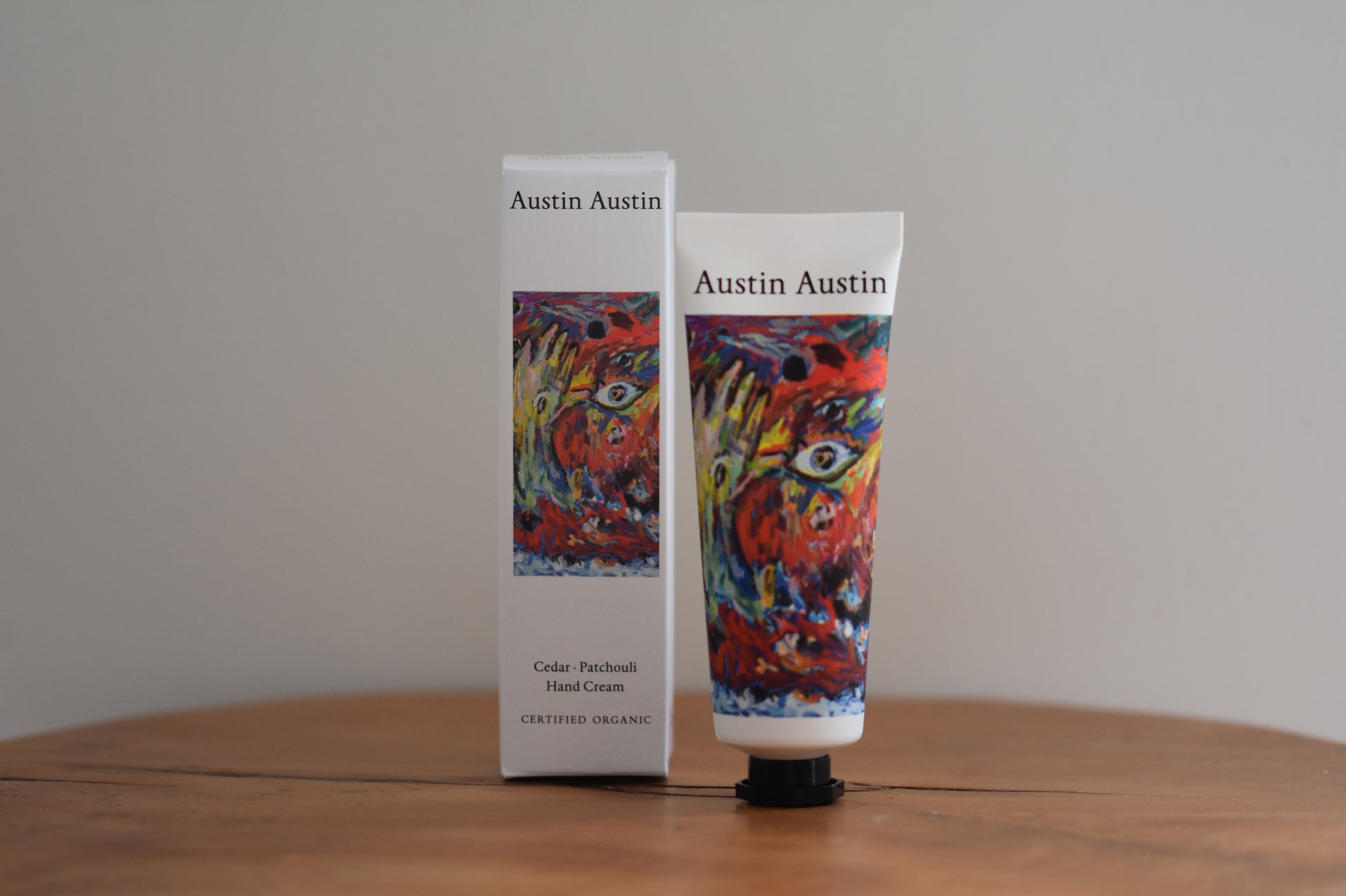 Austin Austin Organic Cedar and Patchouli Hand Cream, with colourful print by New York artist Adrianne Rubenstein.