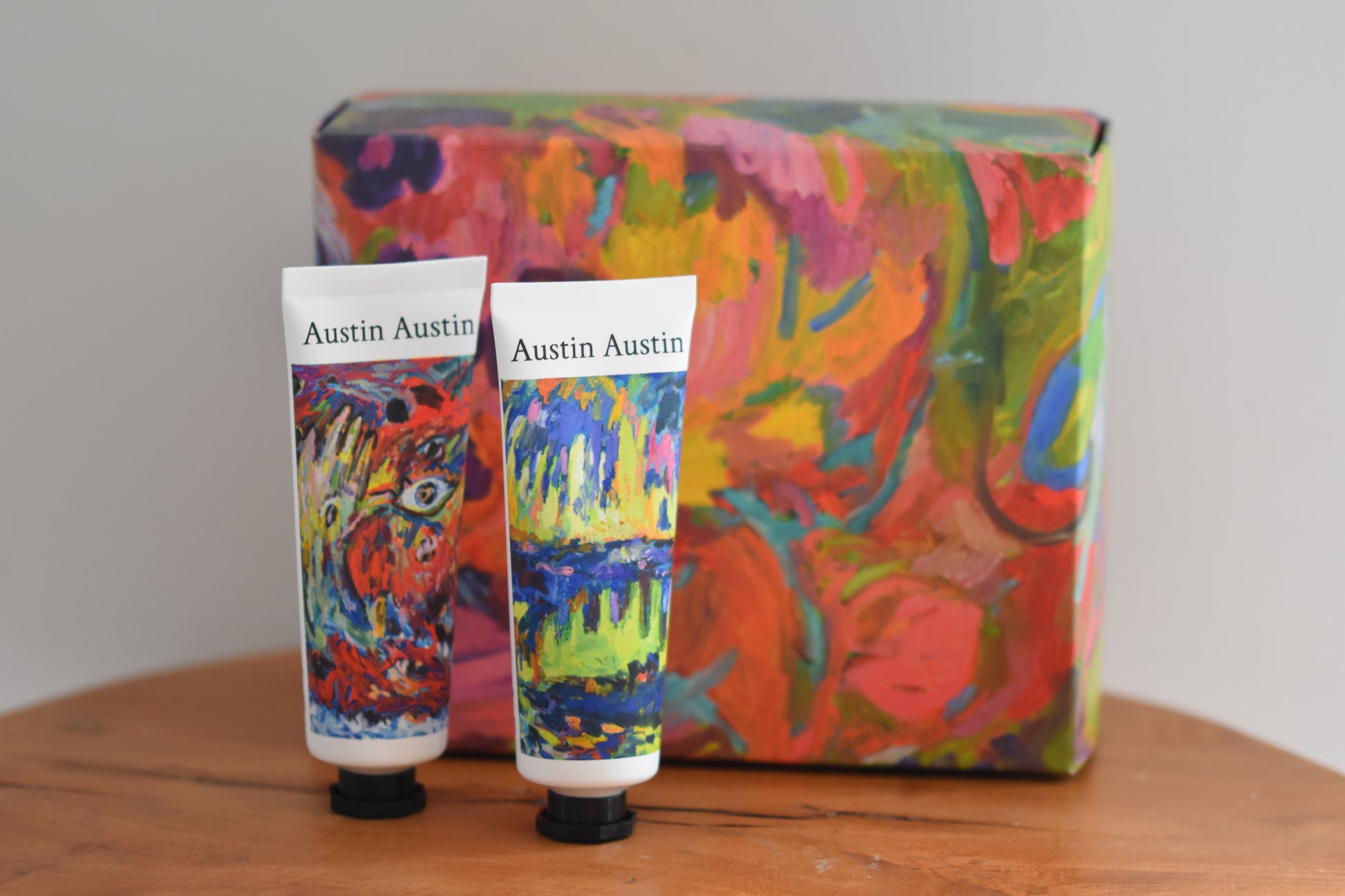 Austin Austin Organic Rosemary Balm and Cedar and Patchouli Hand Cream gift set, in a beautiful box with colourful print by New York artist Adrianne Rubenstein.