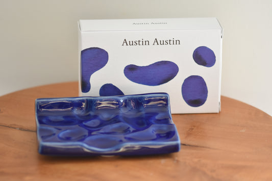 Austin Austin Organic stoneware soap dish with a high gloss cobalt blue glaze, in collaboration with ceramic artist Matthew Raw.