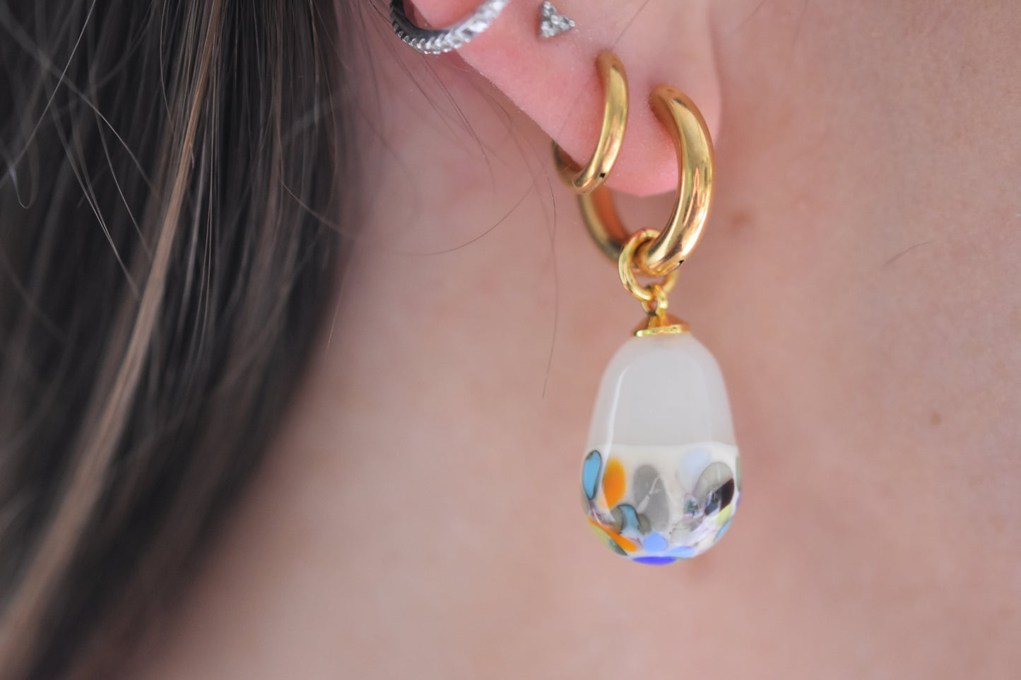 Sandralexandra Zero Waste XS multicolour glass baroque pearl earring on gold hoop.