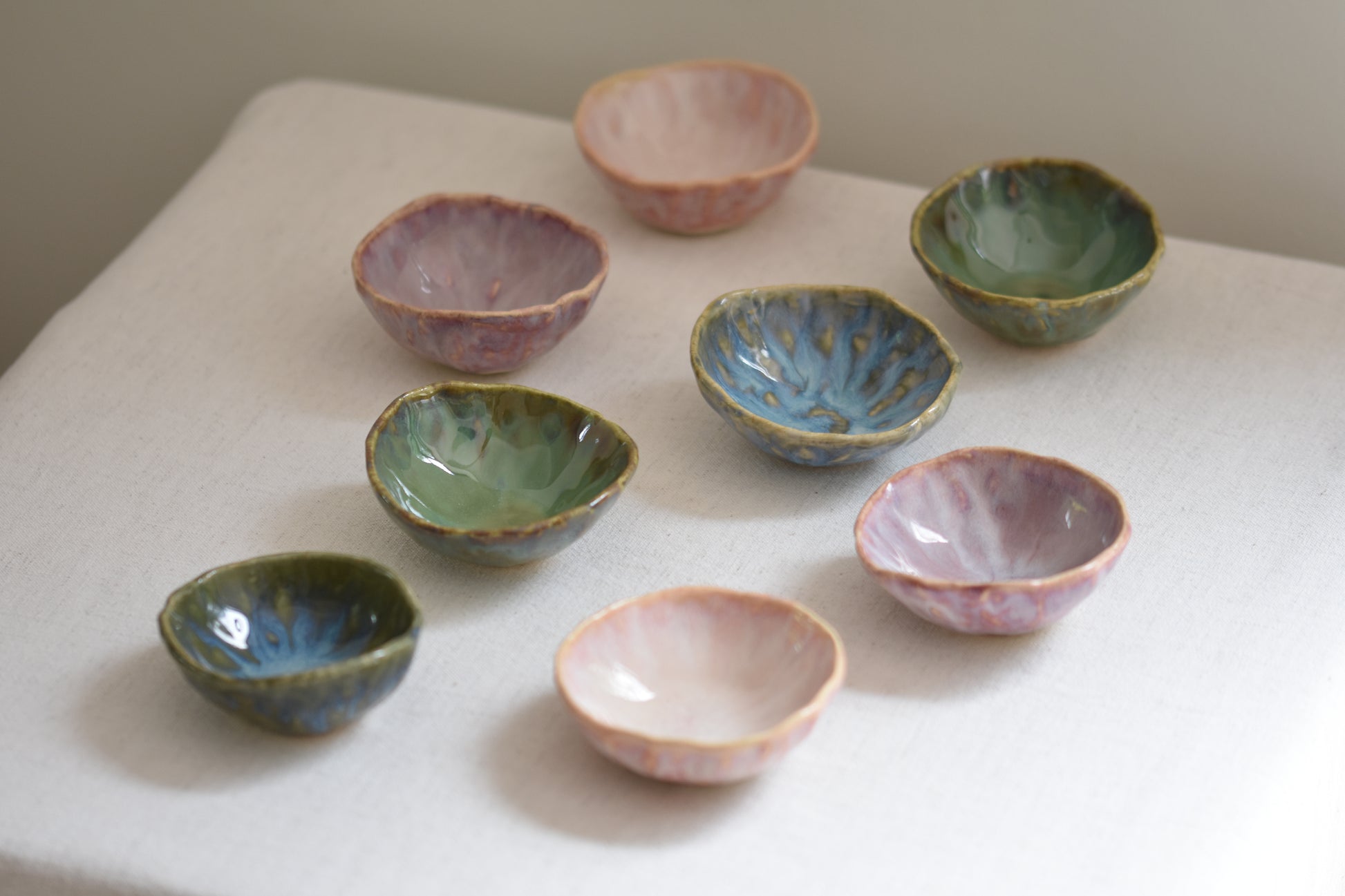 Blume Ceramics stoneware glazed jewellery dishes in lavender, pink, blue and green.