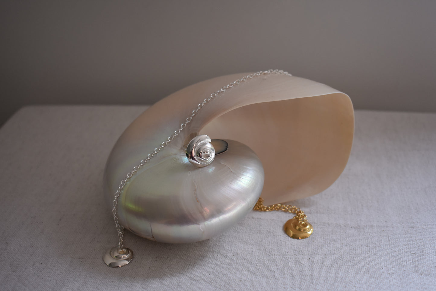 Hannah Bourn Periwinkle spiral swirl shell ring in silver with periwinkle necklaces in gold and silver.