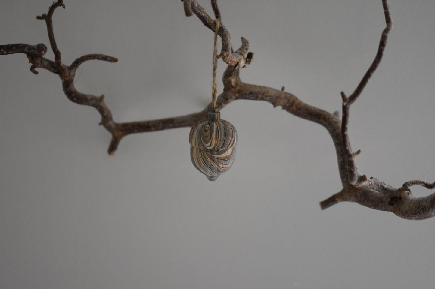 Jemma Lewis marbled wooden decorative acorn hanging from a branch against a white background.