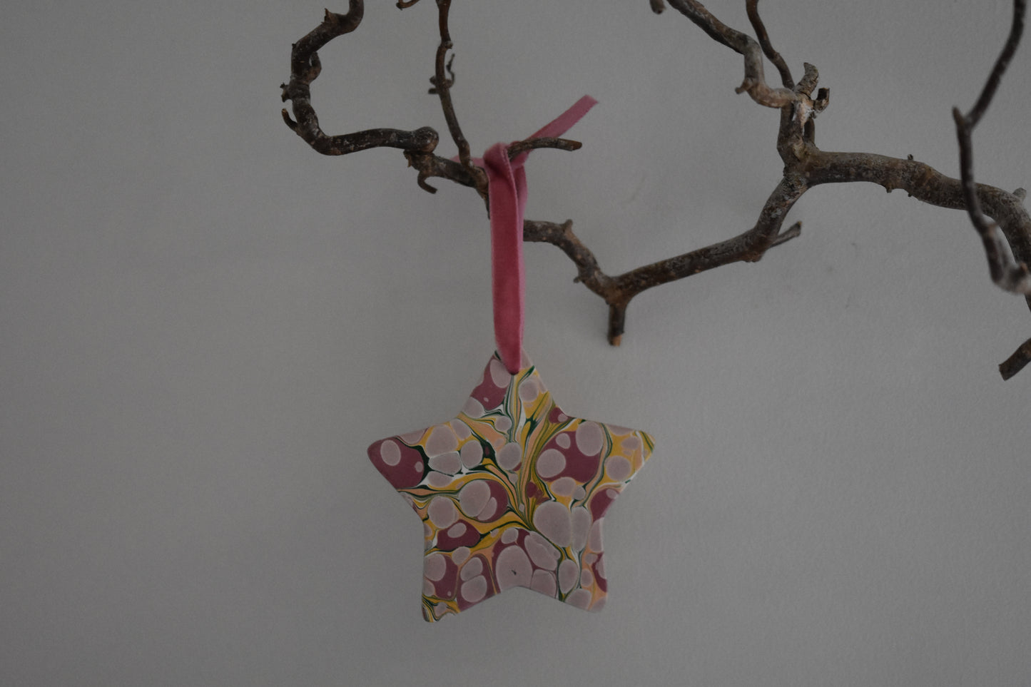 Jemma Lewis marbled ceramic star decoration with colourful velvet ribbon hanging on a branch with a white background.