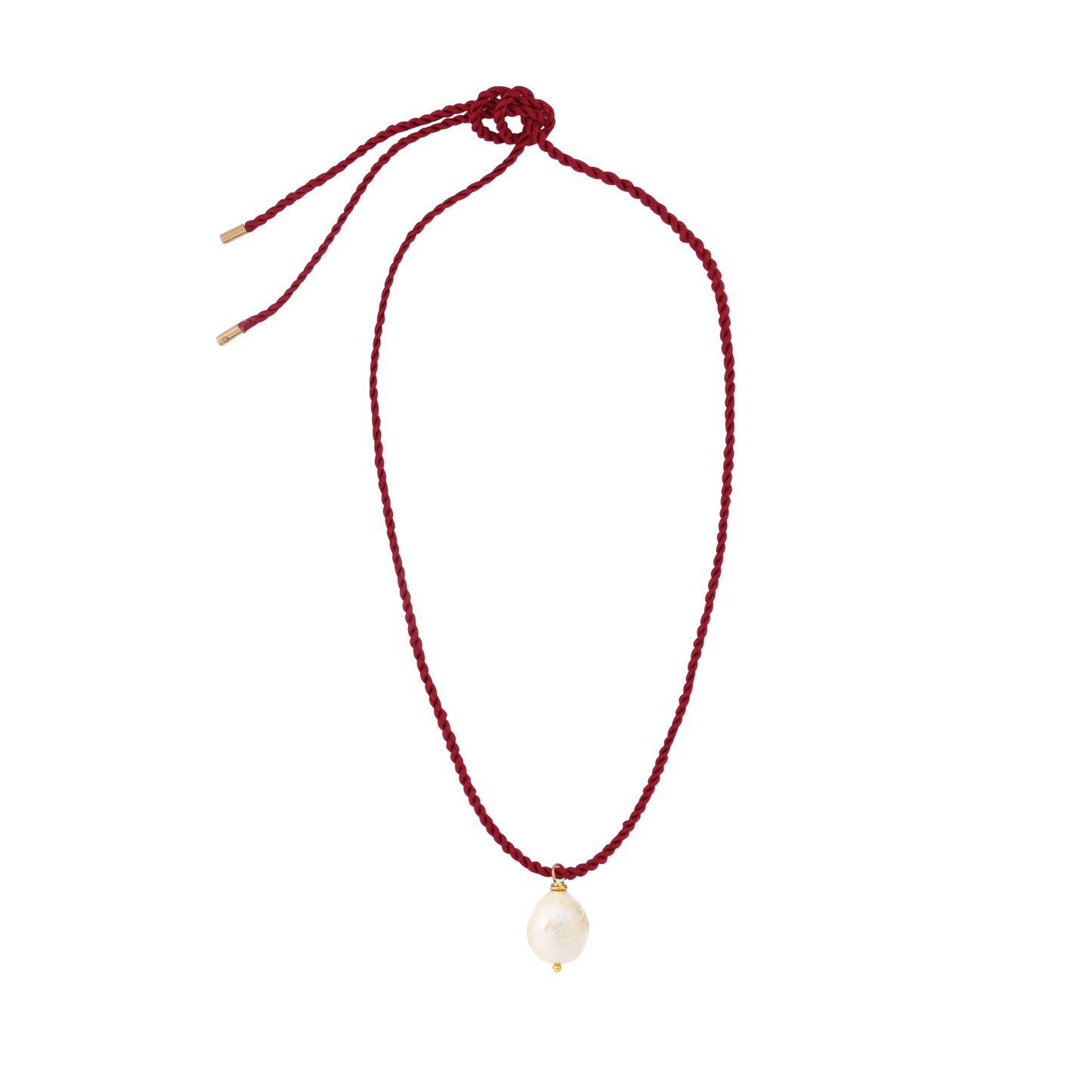 Sandralexandra baroque pearl on dark red silk twisted cord necklace, with a white background.