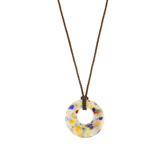 Sandralexandra Zero Waste multicolour glass disc on brown twisted silk cord necklace with a white background.