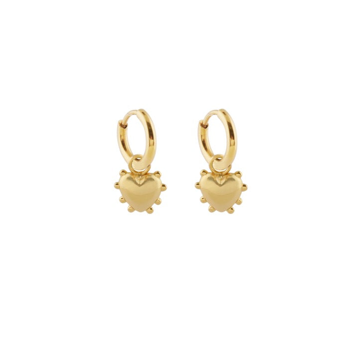 Sandralexandra Mini Milagros Heart hoop earrings in gold on a white background.