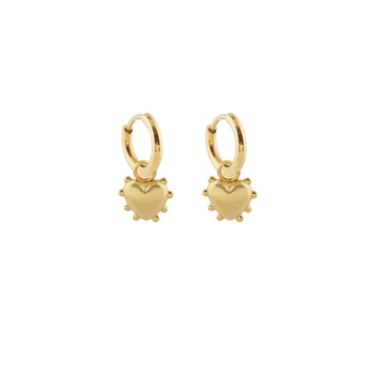 Sandralexandra Mini Milagros Heart hoop earrings in gold on a white background.