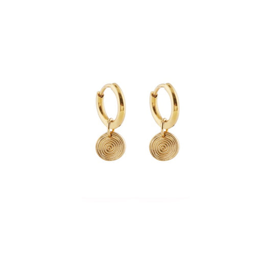 Sandralexandra Mini Sea Urchin spiral hoop earrings in gold on a white background.