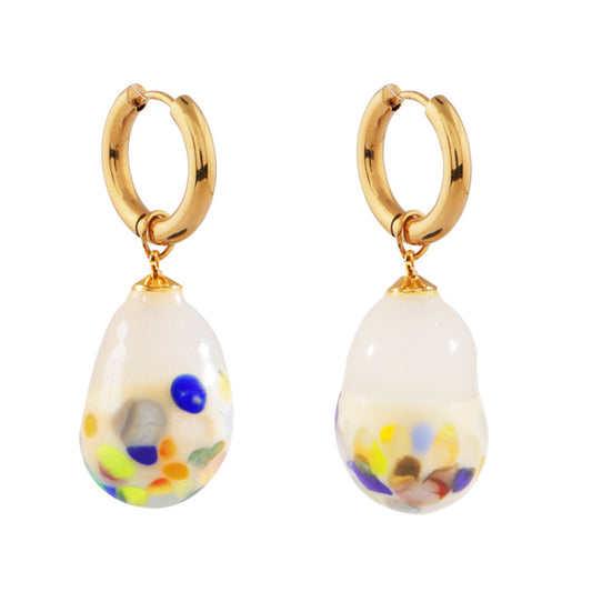 Sandralexandra Zero Waste XS multicolour glass baroque pearl earrings on gold hoops with a white background.
