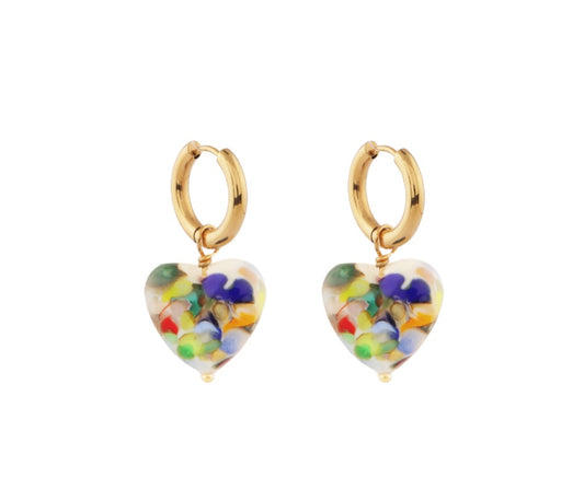 Sandralexandra Zero Waste multicolour glass heart earrings with gold hoops on a white background.