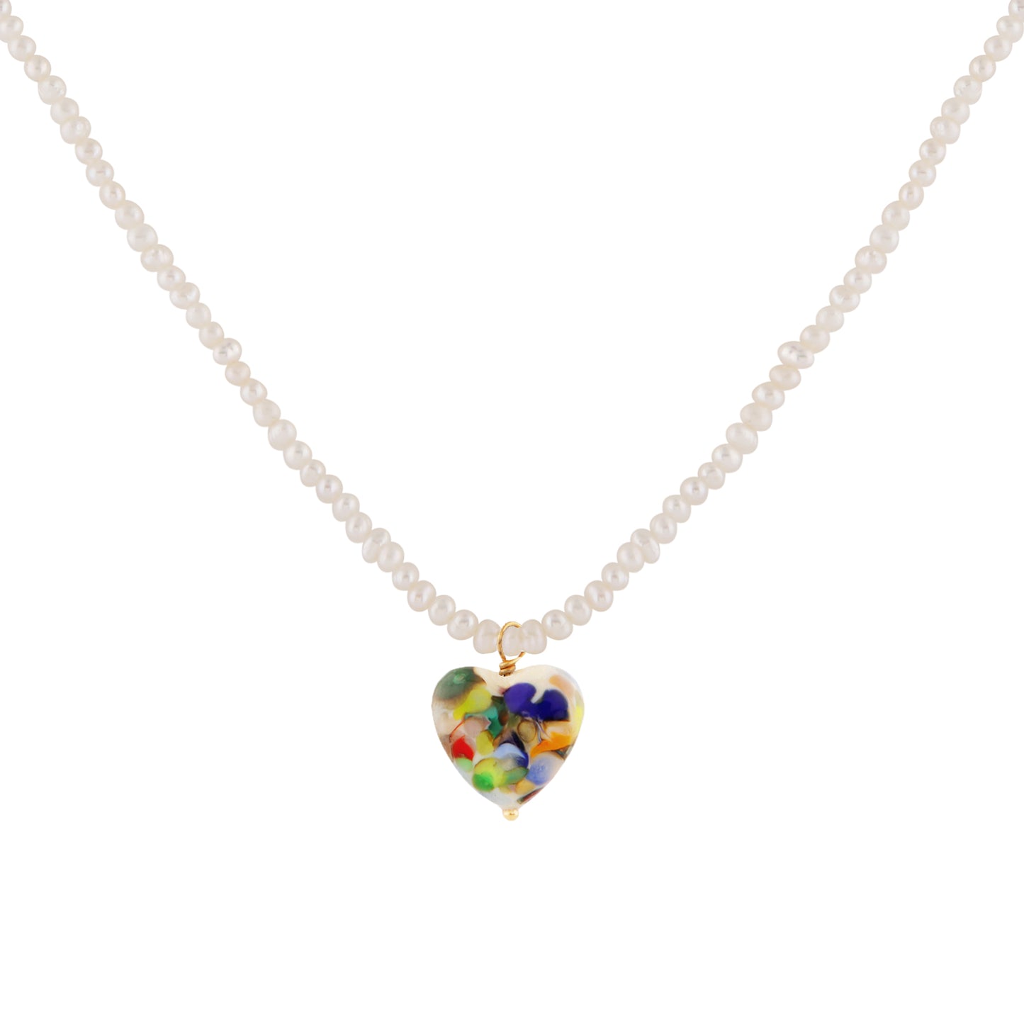 Sandralexandra Zero Waste multicolour glass heart on a pearl necklace with a white background.