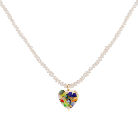 Sandralexandra Zero Waste multicolour glass heart on a pearl necklace with a white background.
