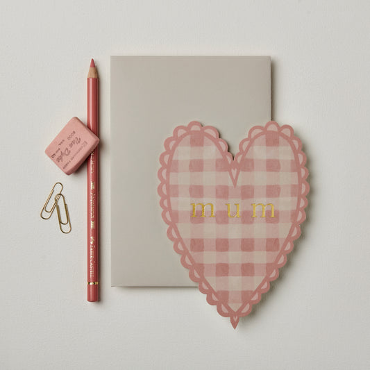 Wanderlust Paper Co pink gingham heart mum card with scalloped edges.