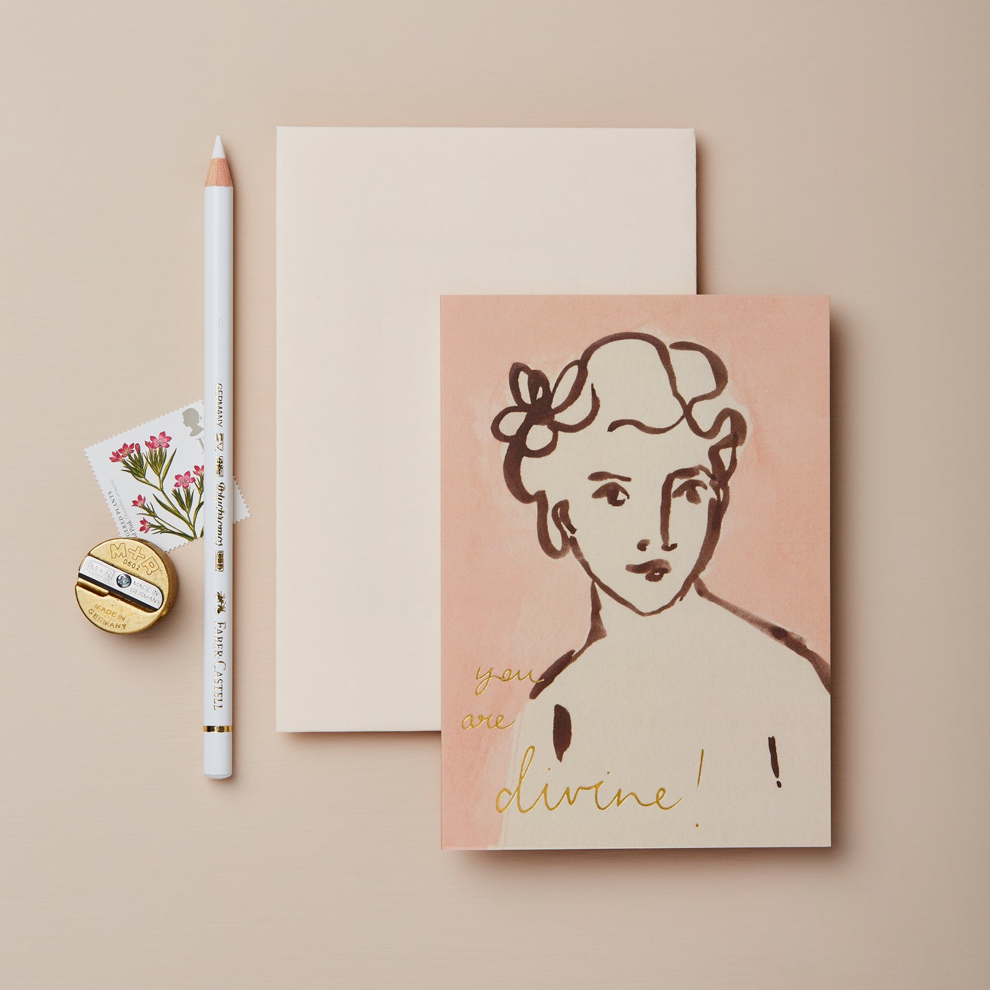Wanderlust Paper Co you are divine card in pink with painted portrait design.