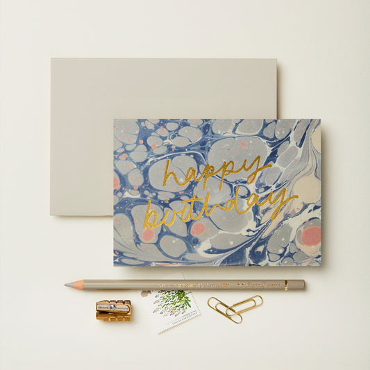 Wanderlust Paper Co happy birthday card with blue and pink marble pattern.