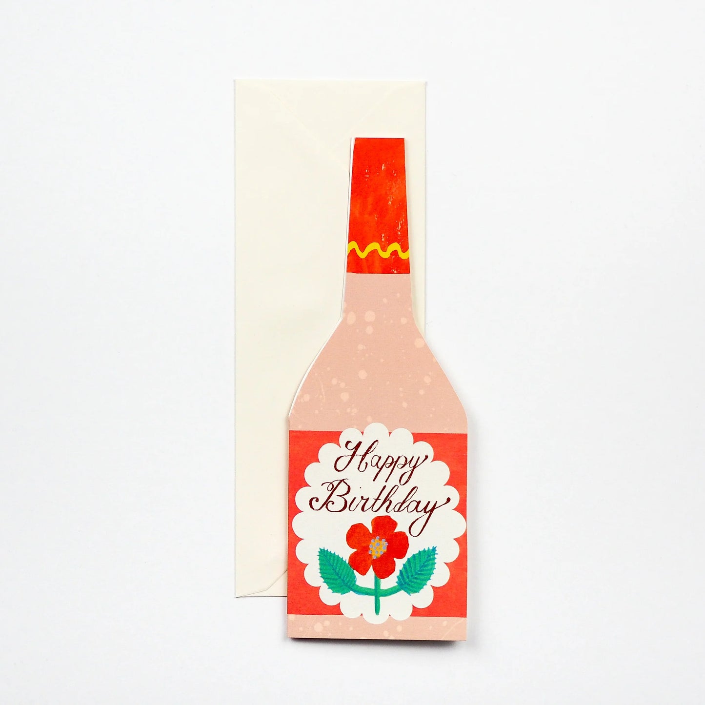 Hadley Paper Goods rose bottle shaped Happy Birthday card with flower design in pink, red and green, with ivory envelope on a white background.