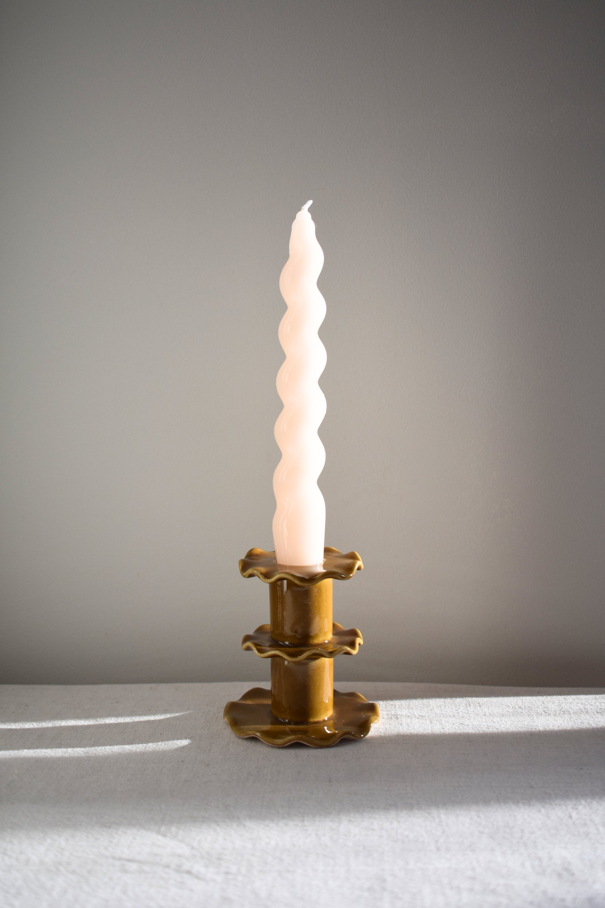 Superfluities stoneware ceramic Medium Frill Candlestick in honey ochre yellow.