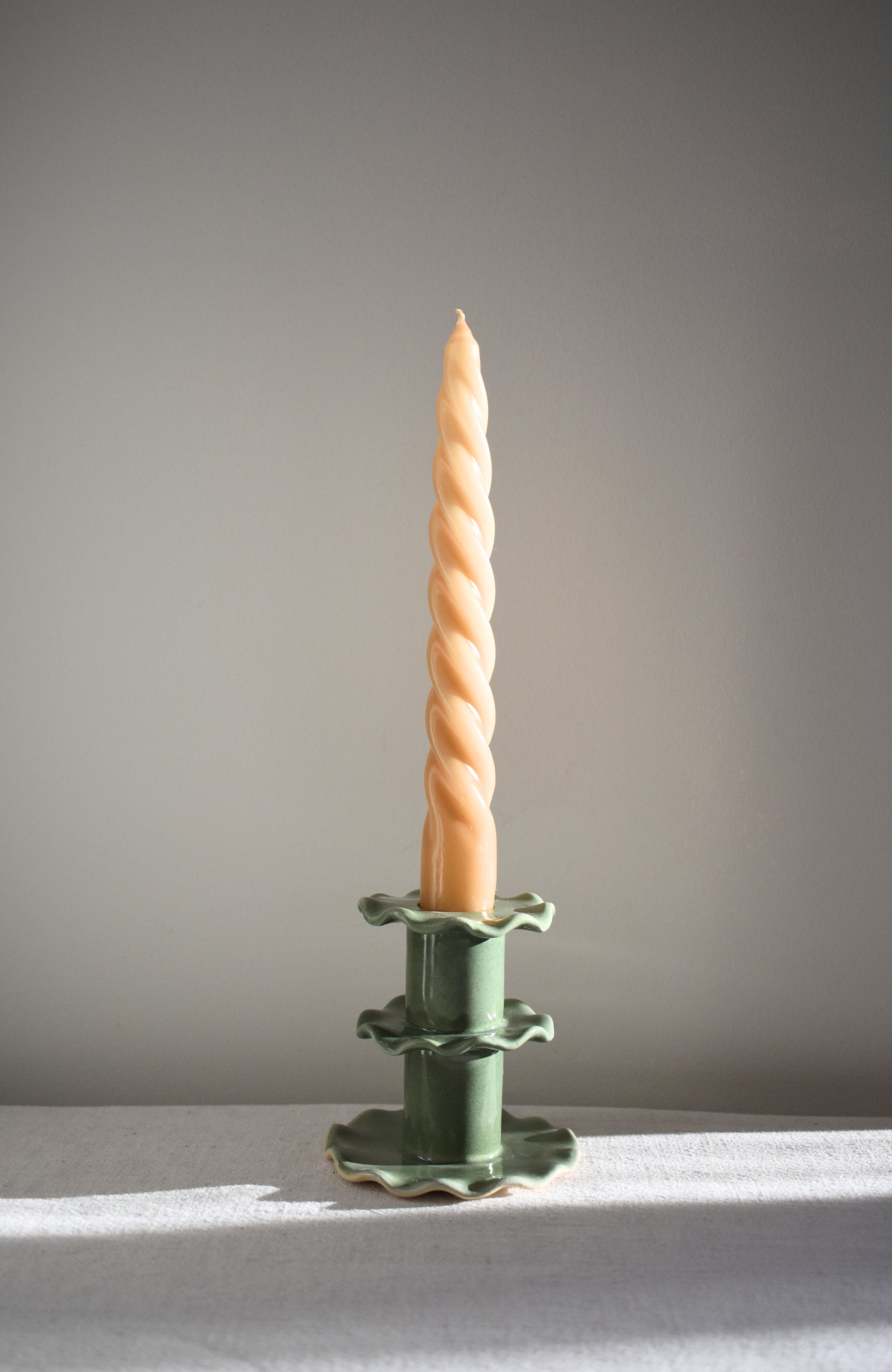 Superfluities stoneware ceramic Medium Frill Candlestick in green.