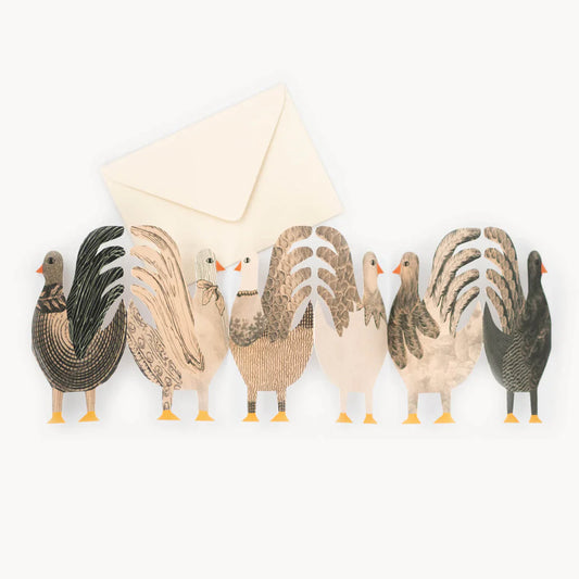 Hadley Paper Goods chicken concertina card of six beige and black chickens with a cream envelope on a white background.