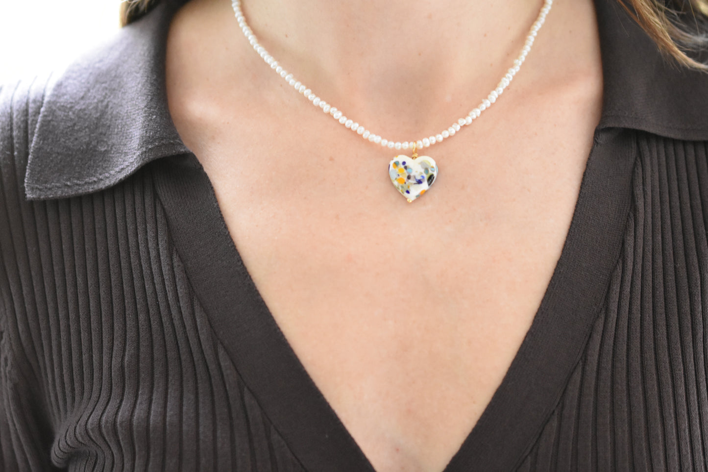 Sandralexandra Zero Waste multicolour glass heart on a pearl necklace.