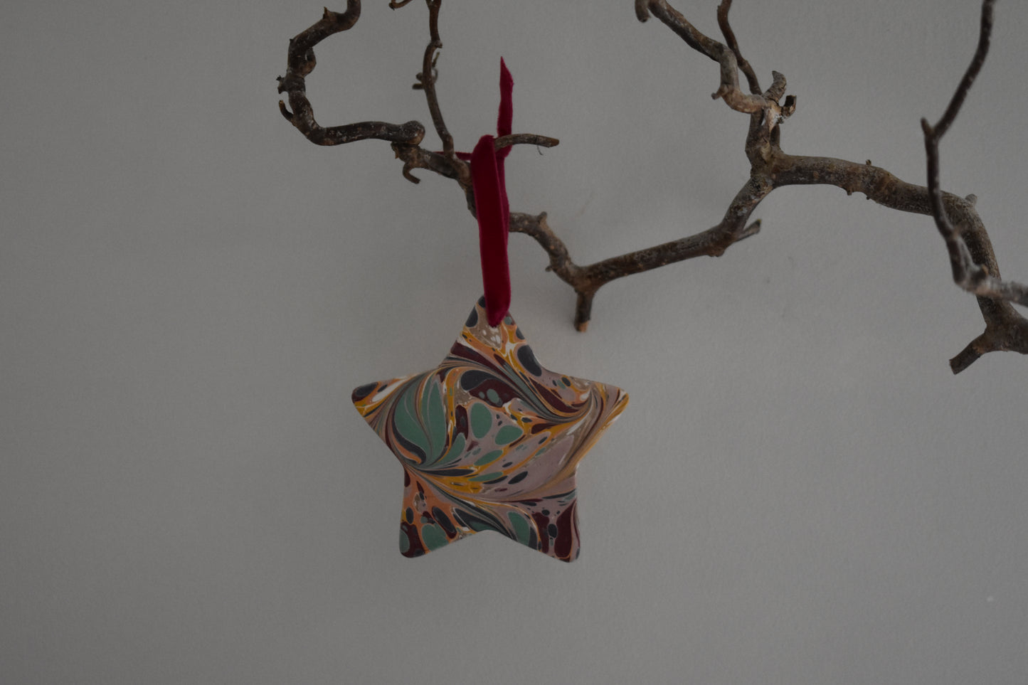 Jemma Lewis marbled ceramic star decoration with colourful velvet ribbon hanging on a branch with a white background.