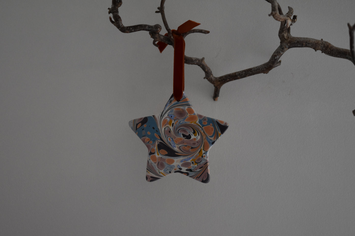Jemma Lewis marbled ceramic star decoration with colourful velvet ribbon hanging on a branch with a white background.