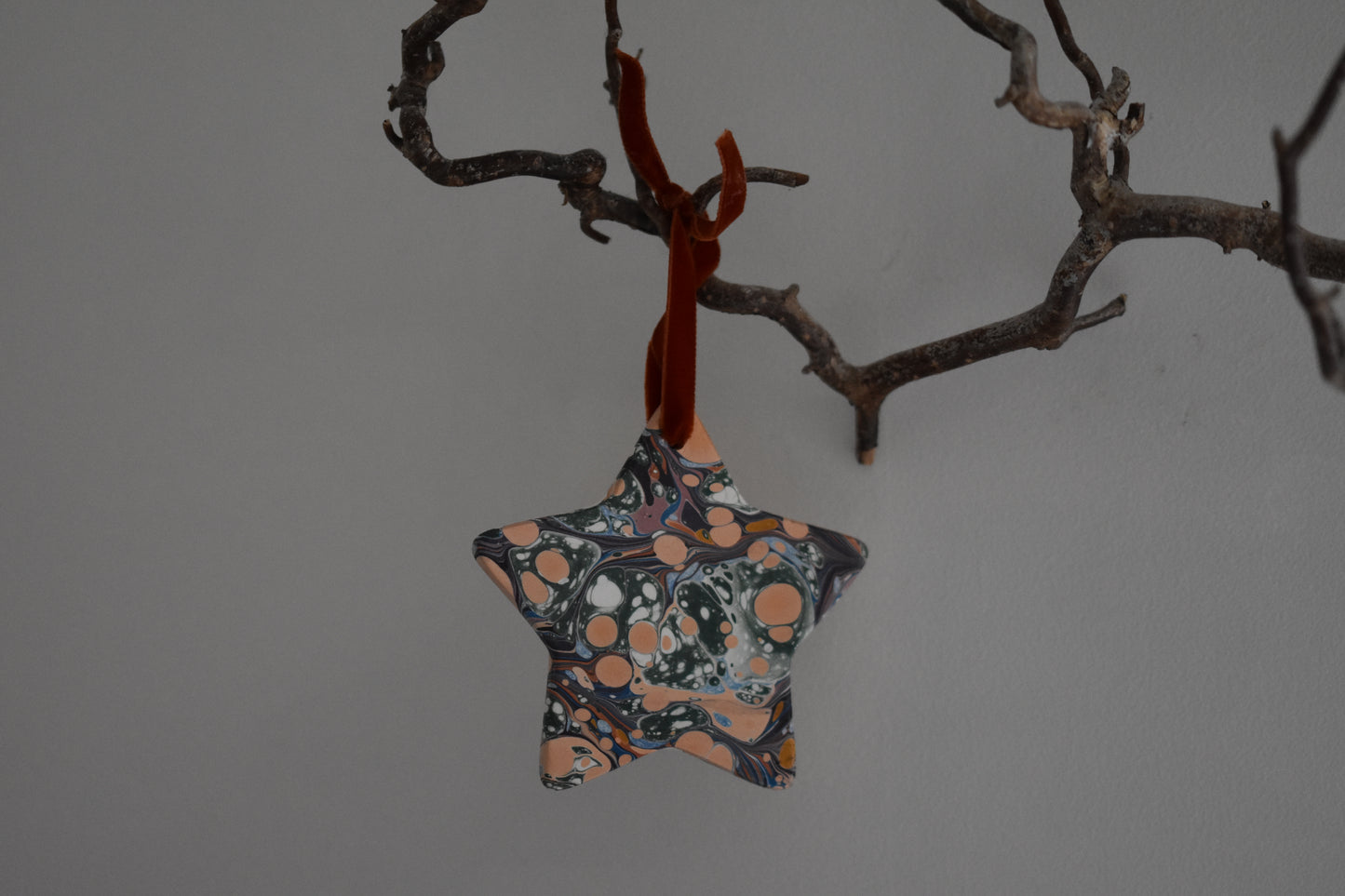Jemma Lewis marbled ceramic star decoration with colourful velvet ribbon hanging on a branch with a white background.