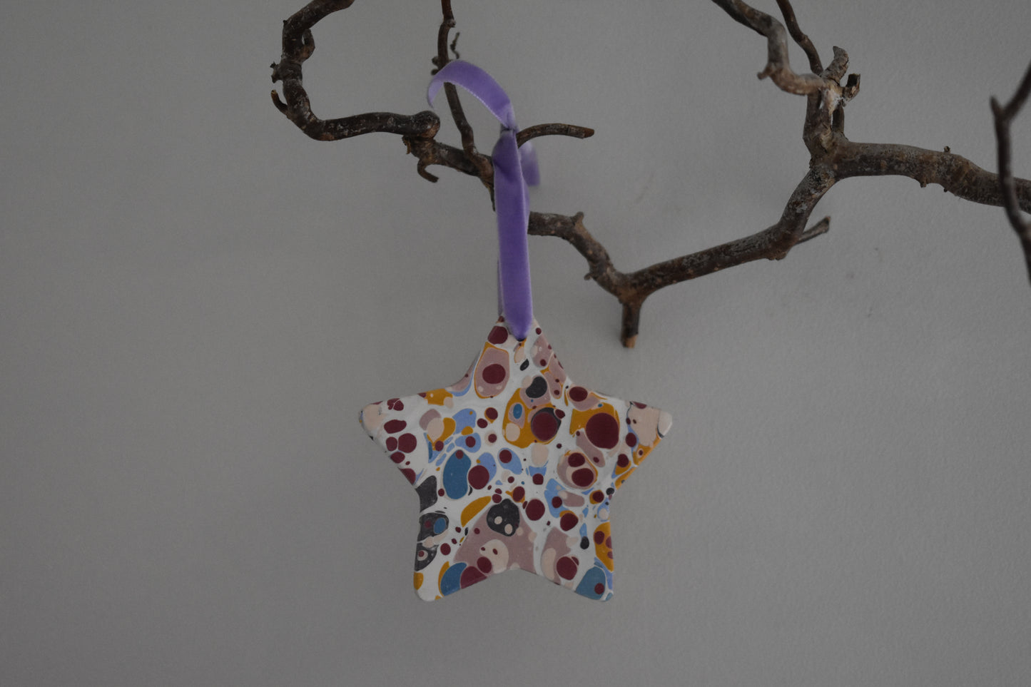 Jemma Lewis marbled ceramic star decoration with colourful velvet ribbon hanging on a branch with a white background.