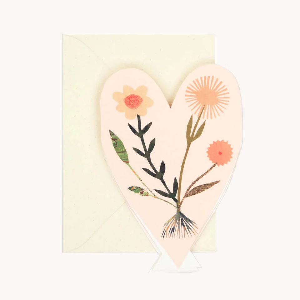 Hadley Paper Goods pale pink heart shaped floral card with cream envelope on a white background.