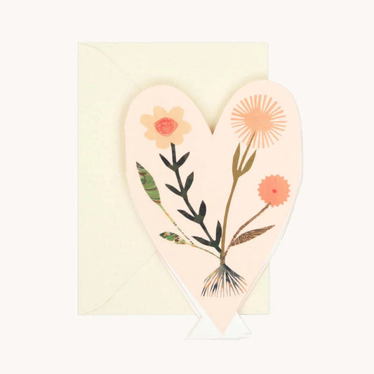 Hadley Paper Goods pale pink heart shaped floral card with cream envelope on a white background.