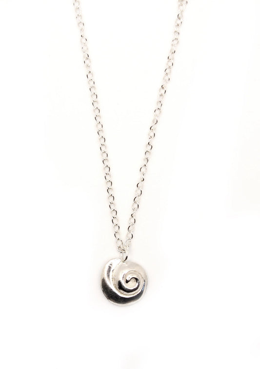 Hannah Bourn Periwinkle necklace with spiral swirl shell pendant on a chain in silver.