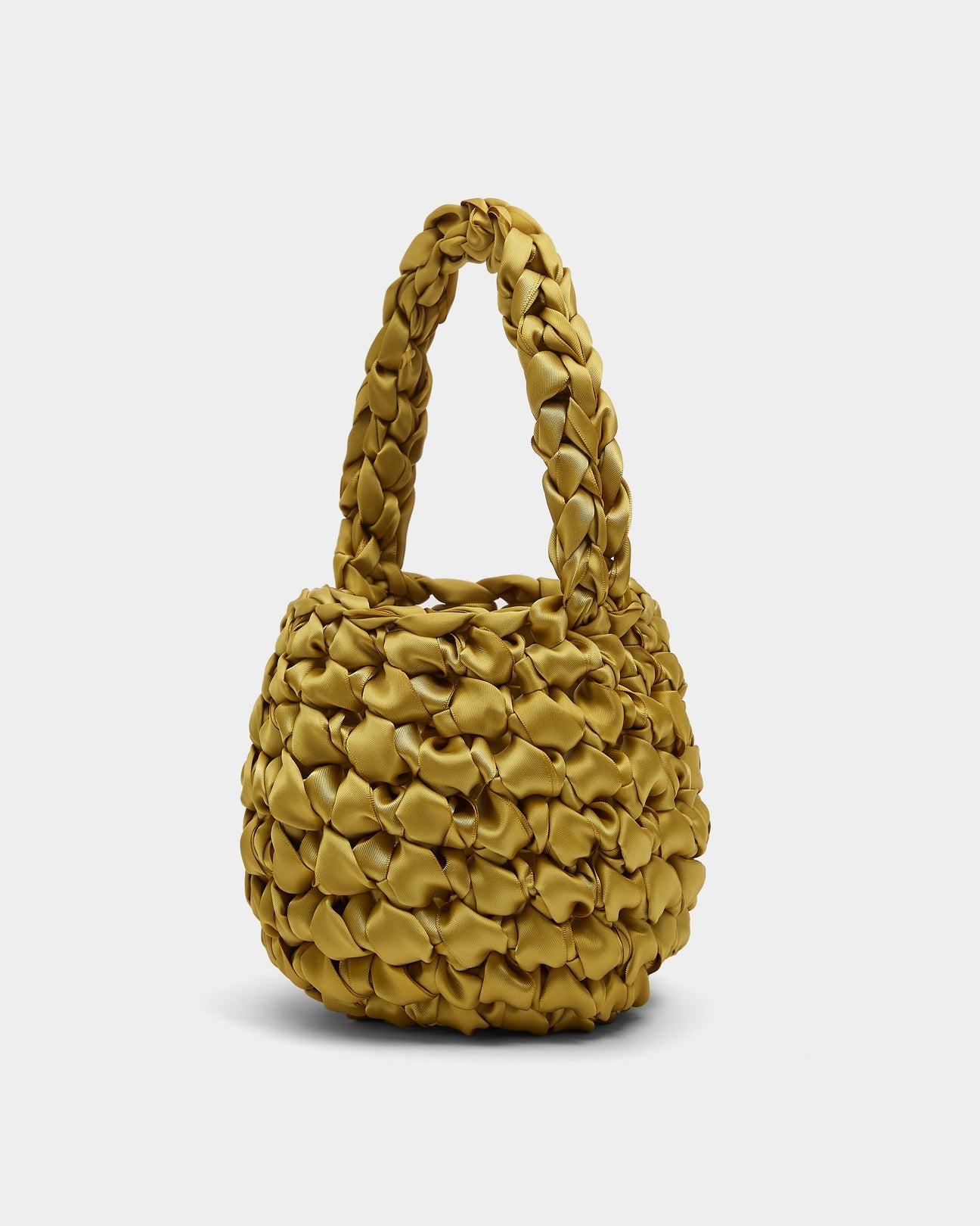 Isla de Gar Hive Bag with crocheted satin ribbon in golden olive.