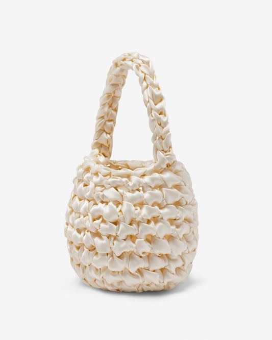 Isla de Gar Hive Bag with crocheted satin ribbon in antique white.