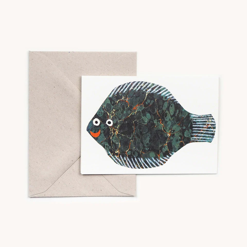 Hadley Paper Goods little fish card with a green marbled fish on a white card plus a grey envelope, on a white background.