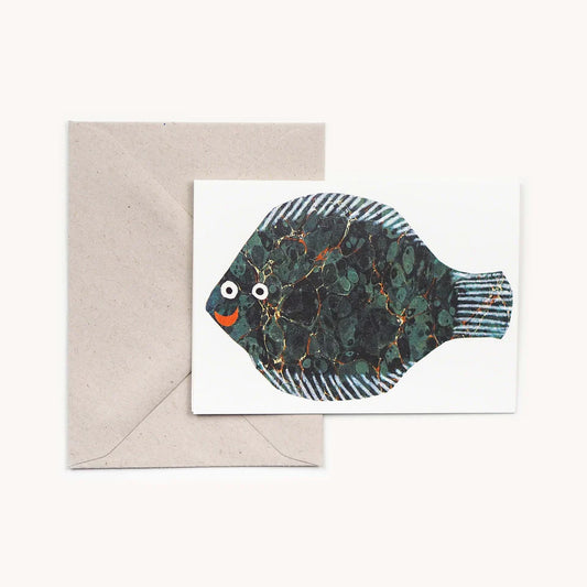 Hadley Paper Goods little fish card with a green marbled fish on a white card plus a grey envelope, on a white background.