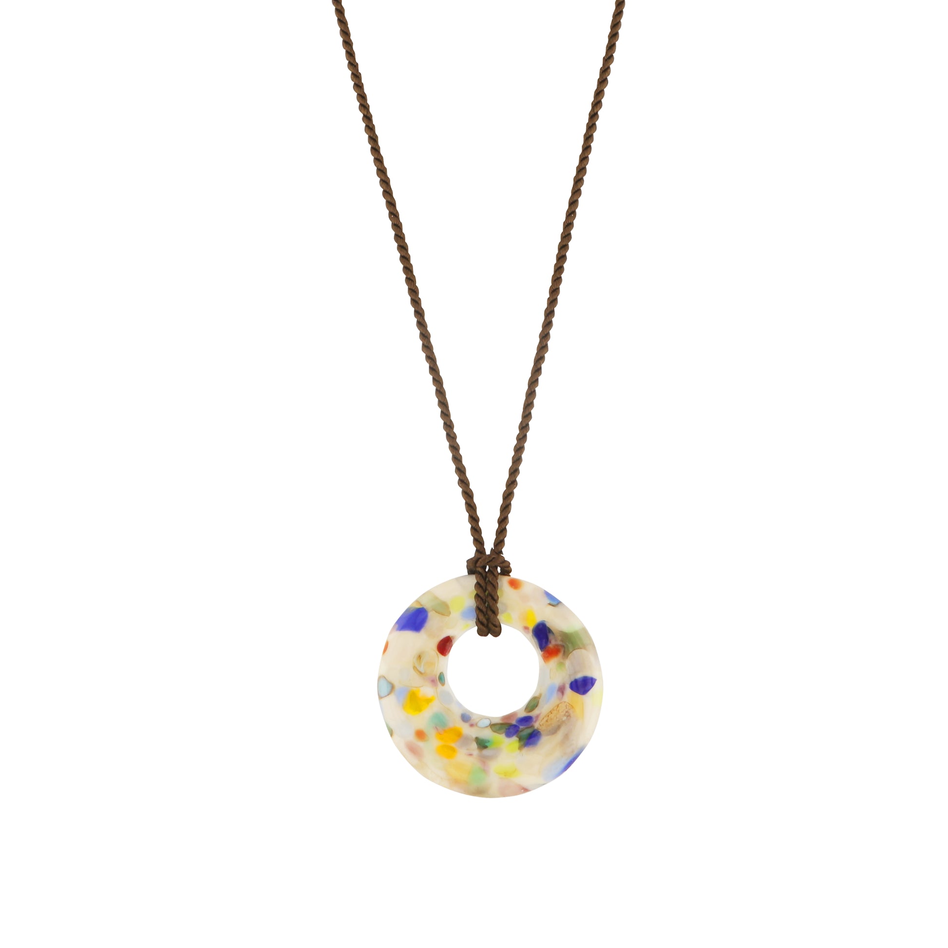 Sandralexandra Zero Waste multicolour glass disc on brown twisted silk cord necklace.