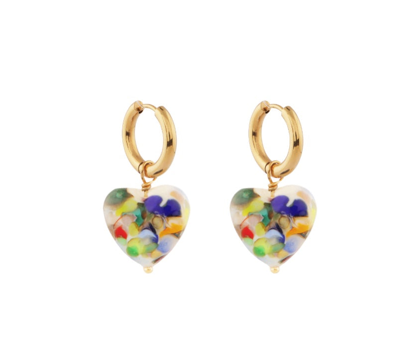 Sandralexandra Zero Waste multicolour glass heart earrings with gold hoops.