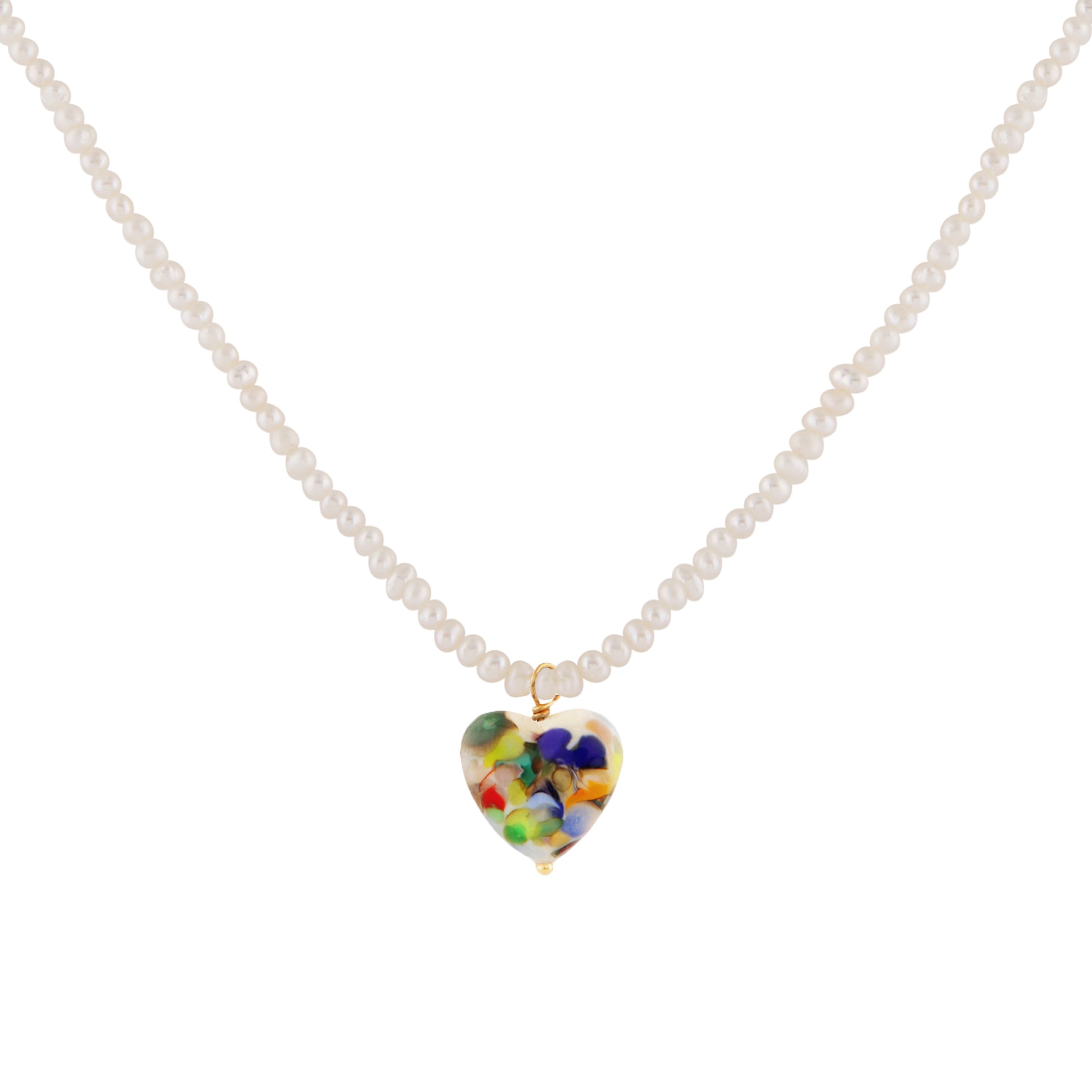 Sandralexandra Zero Waste multicolour glass heart on a pearl necklace.