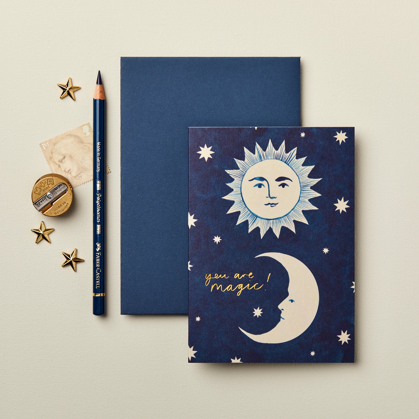 Wanderlust Paper Co you are magic card in blue indigo with painted moon and sun design.