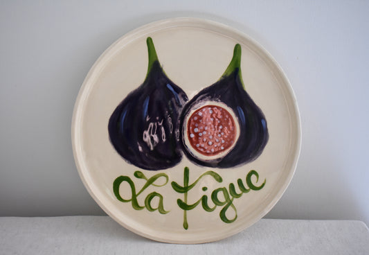 Harlie Brown earthenware ceramic La Figue plate with painted fig design and french writing.