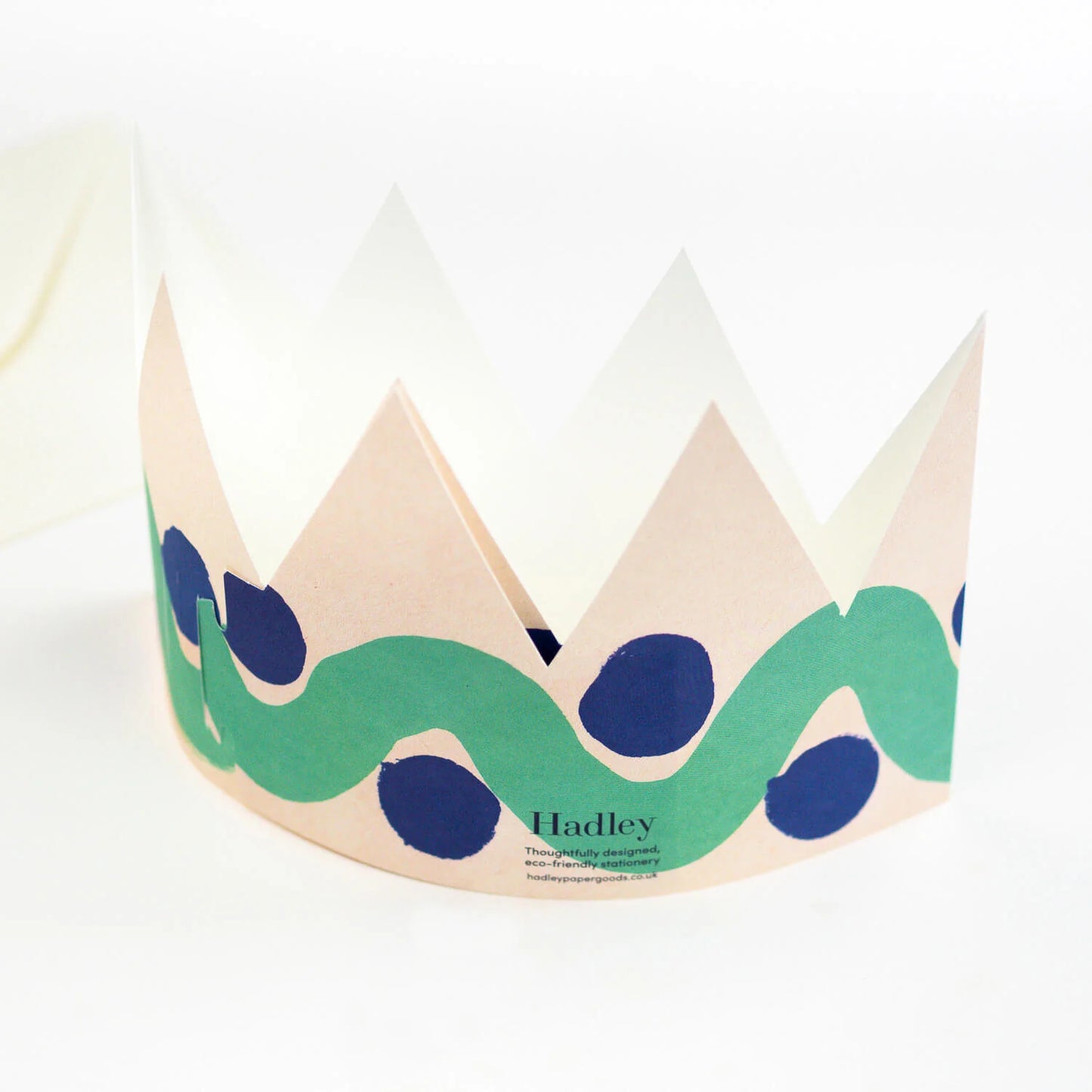 Hadley Paper Goods Fantastic Father party hat crown shaped card, with green and blue pattern, back view, on a white background.