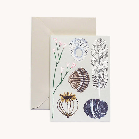 Hadley Paper Goods Finds card showing plants, stones, a shell and feather on a pale blue card with a grey envelope, on a white background.